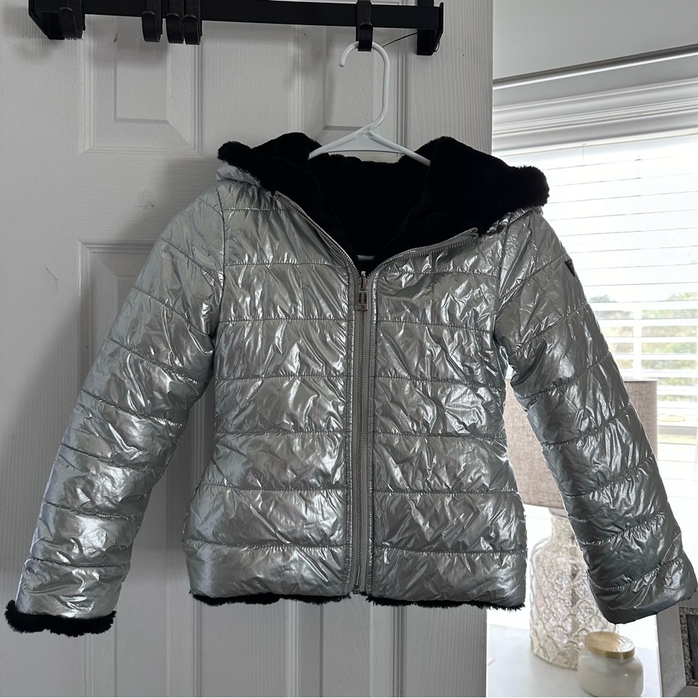 Guess Girls Reversible Metallic Silver Faux Fur Coat Size 8